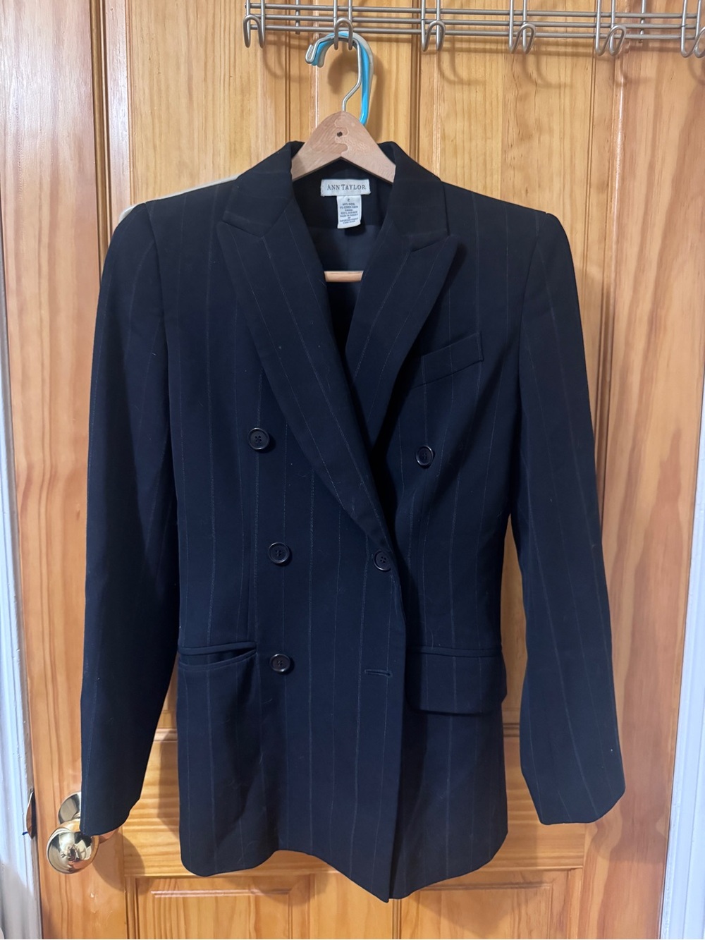 Ann Taylor Black Pinstripe Double-Breasted Blazer, trousers, and skirt